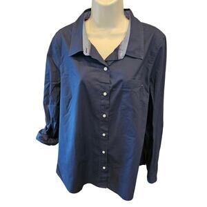 Tommy hilfiger sz L navy blue lightweight button up roll tab sleeve chambray tab